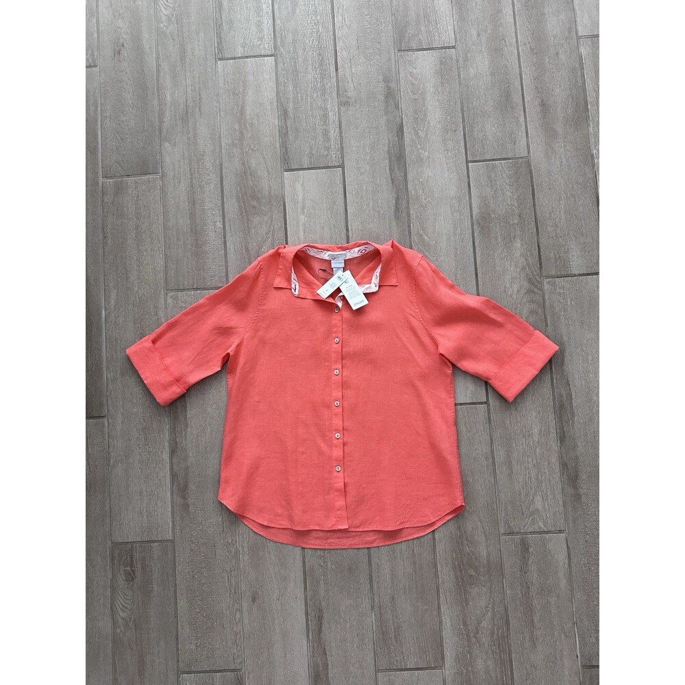 100% Linen Shirt Size 2 US 12 Nectarine 3/4 Sleeve NWT Chico's No Iron